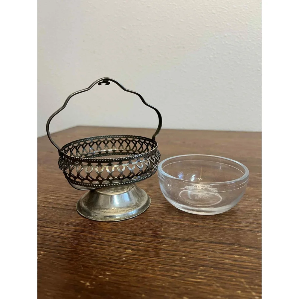 Vintage Silverplate Basket with Glass Insert England Pierced Openwork Handle